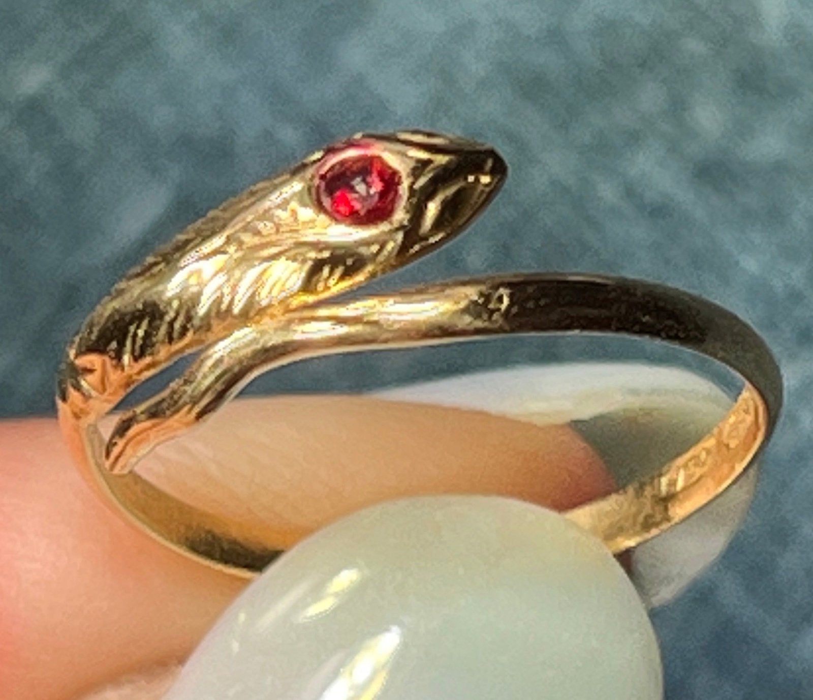 18k Yellow Gold Coiled Antique Snake Wrap Ring w Cabochon Ruby