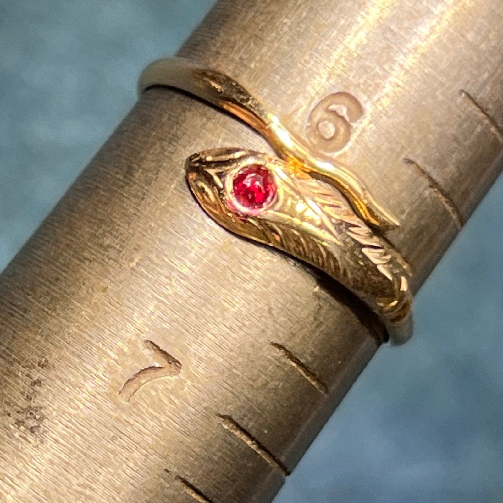 18k Yellow Gold Coiled Antique Snake Wrap Ring w Cabochon Ruby