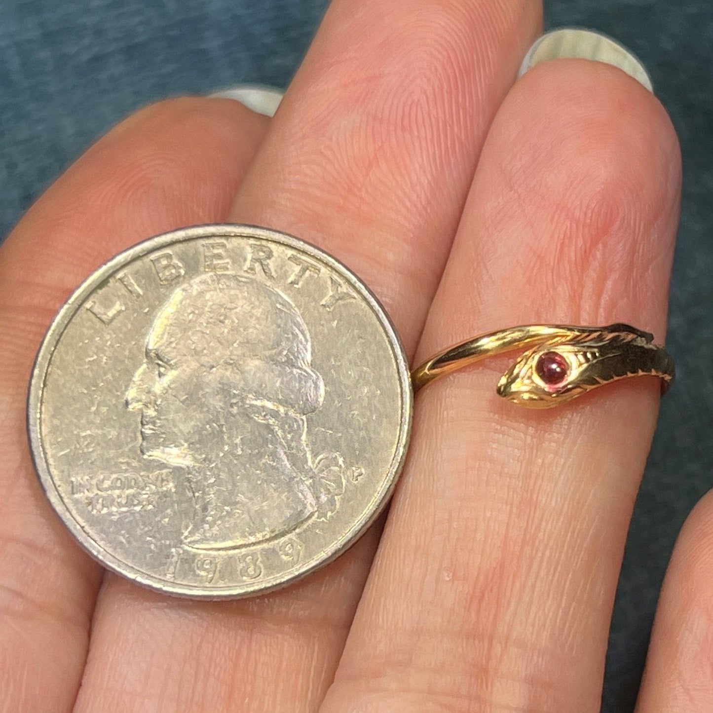 18k Yellow Gold Coiled Antique Snake Wrap Ring w Cabochon Ruby