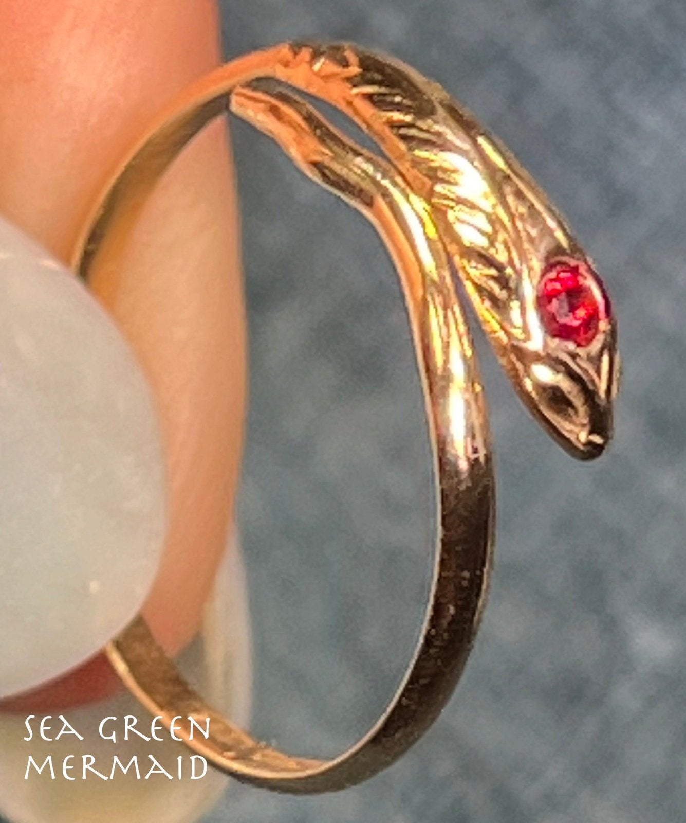 18k Yellow Gold Coiled Antique Snake Wrap Ring w Cabochon Ruby