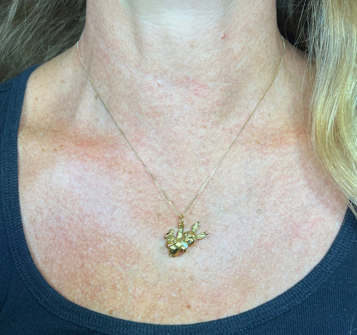 18k Yellow Gold Giggling Silly Bunny Rabbit Pendant w Pearl. SOLID