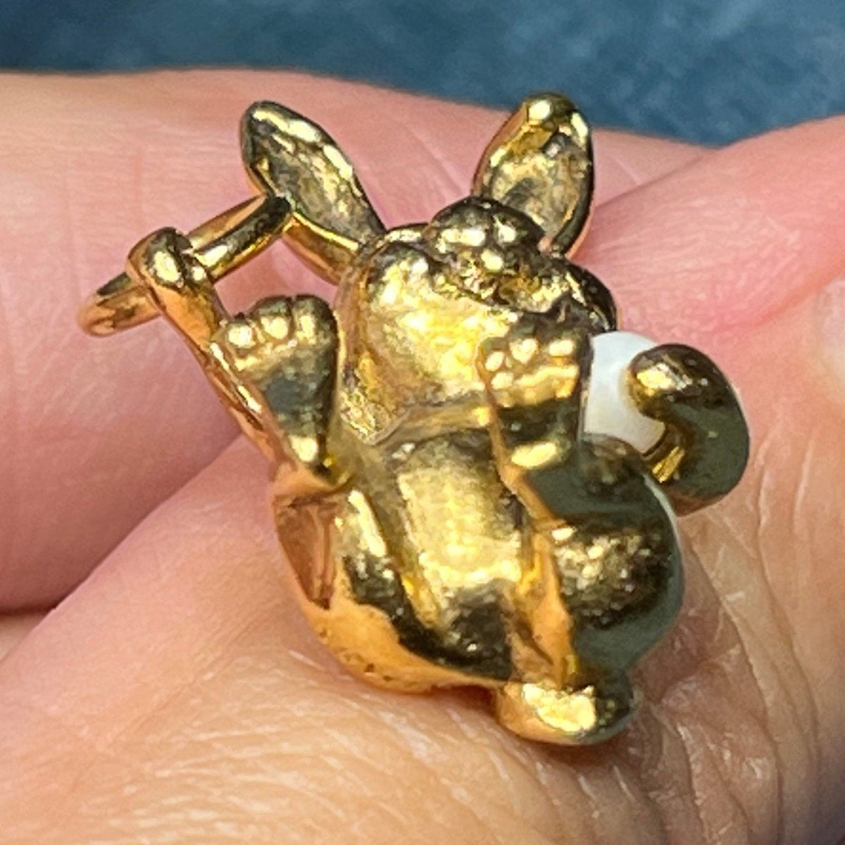 18k Yellow Gold Giggling Silly Bunny Rabbit Pendant w Pearl. SOLID