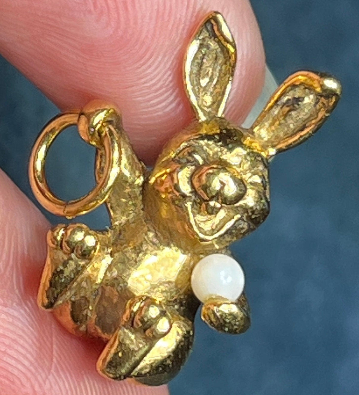 18k Yellow Gold Giggling Silly Bunny Rabbit Pendant w Pearl. SOLID