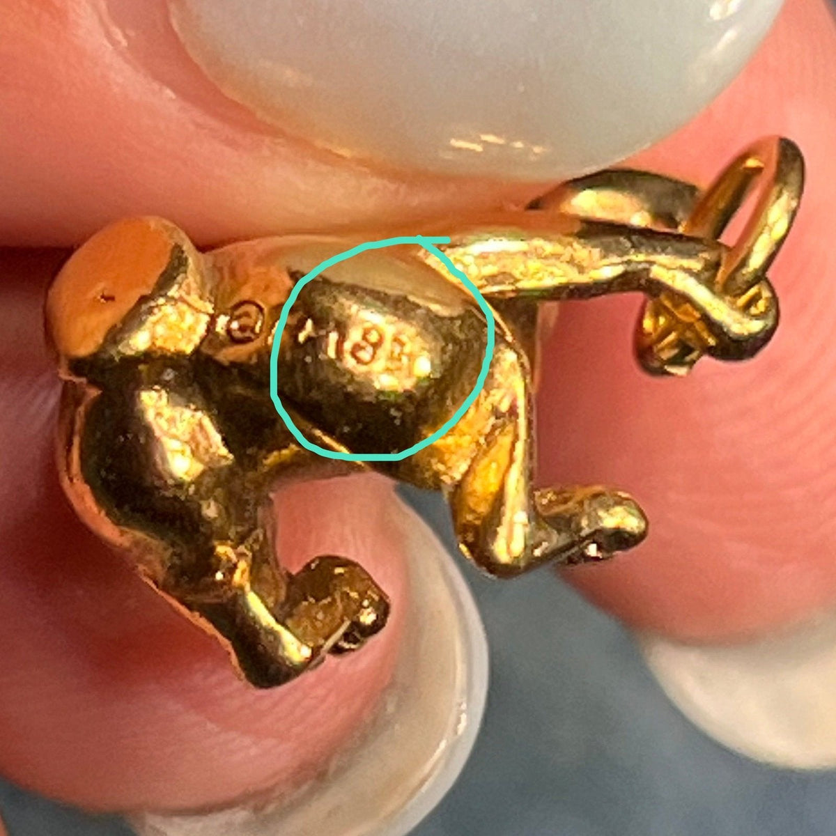 18k Yellow Gold Giggling Silly Bunny Rabbit Pendant w Pearl. SOLID