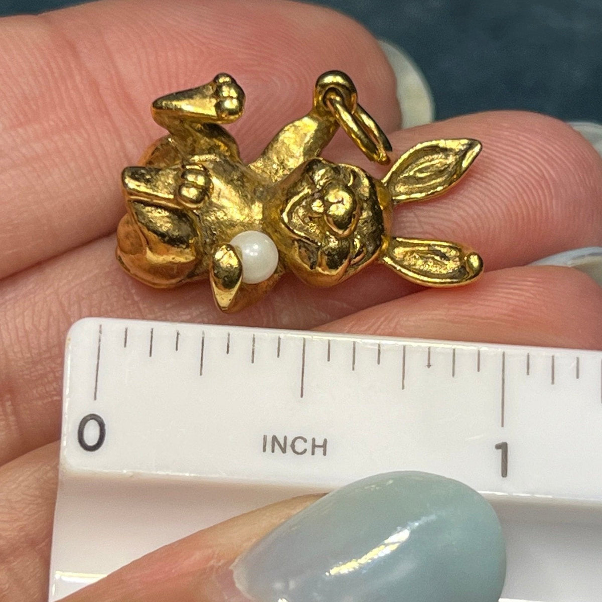 18k Yellow Gold Giggling Silly Bunny Rabbit Pendant w Pearl. SOLID