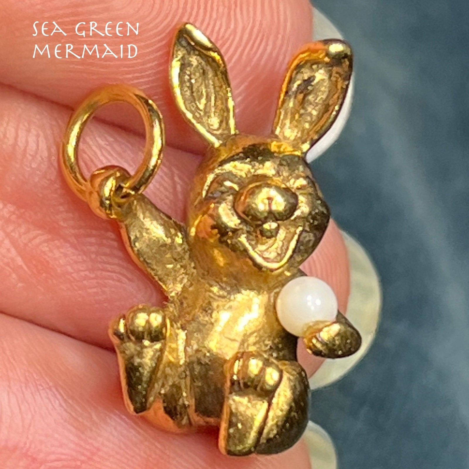 18k Yellow Gold Giggling Silly Bunny Rabbit Pendant w Pearl. SOLID ...