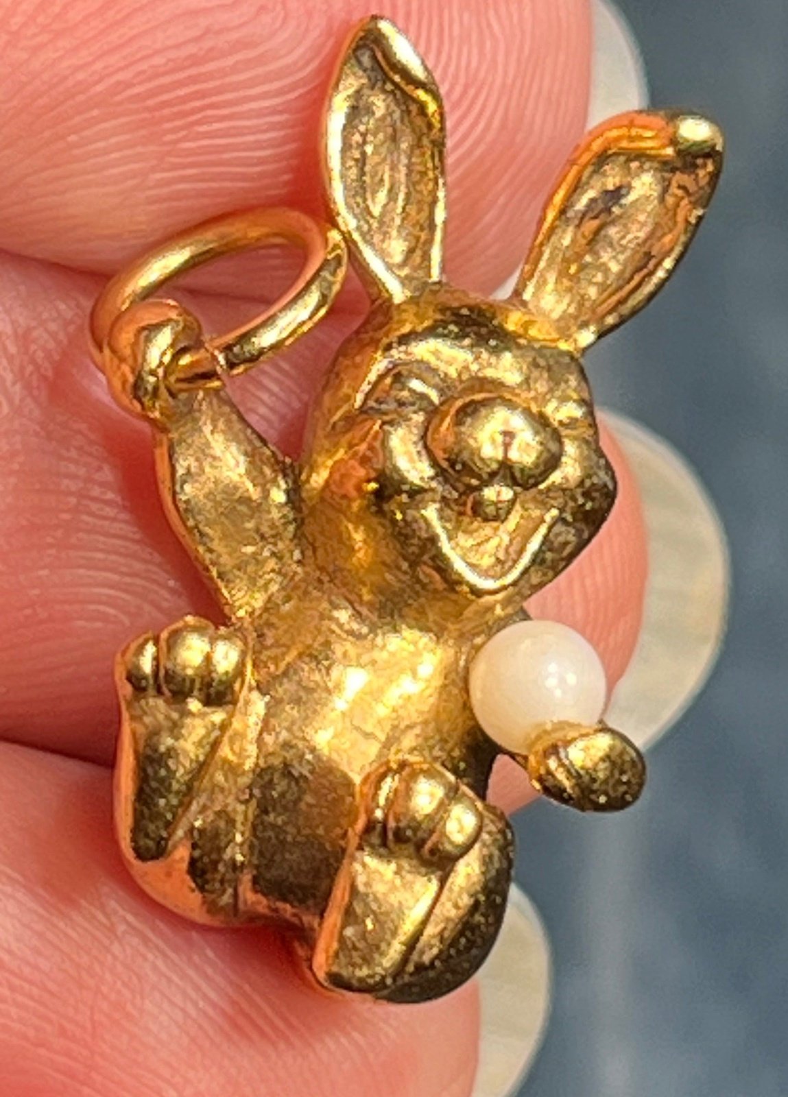 18k Yellow Gold Giggling Silly Bunny Rabbit Pendant w Pearl. SOLID
