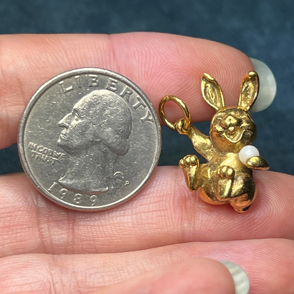 18k Yellow Gold Giggling Silly Bunny Rabbit Pendant w Pearl. SOLID