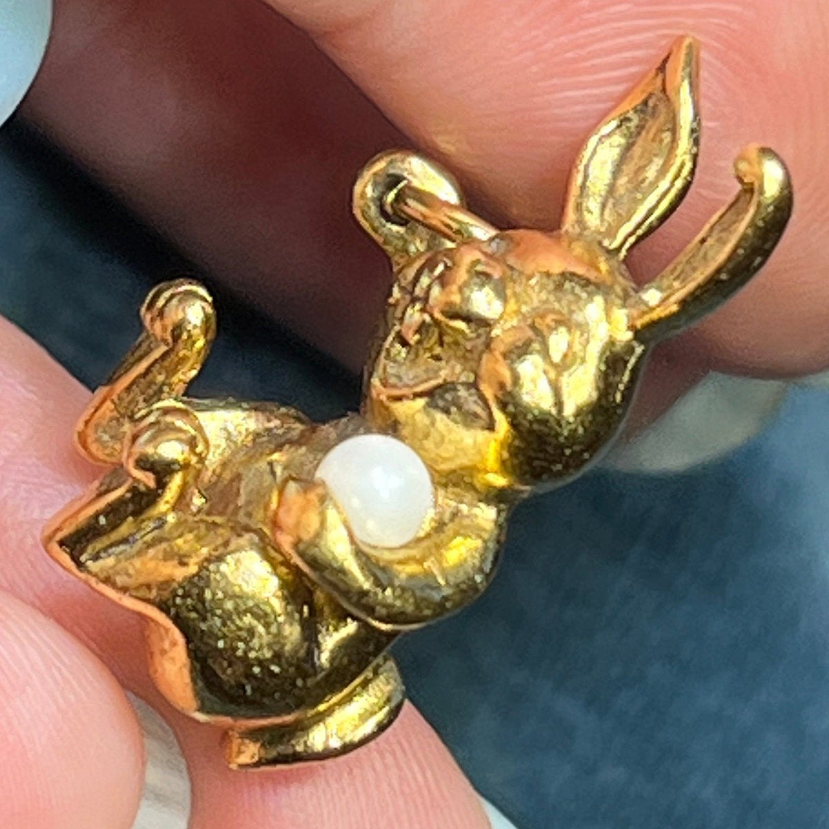 18k Yellow Gold Giggling Silly Bunny Rabbit Pendant w Pearl. SOLID