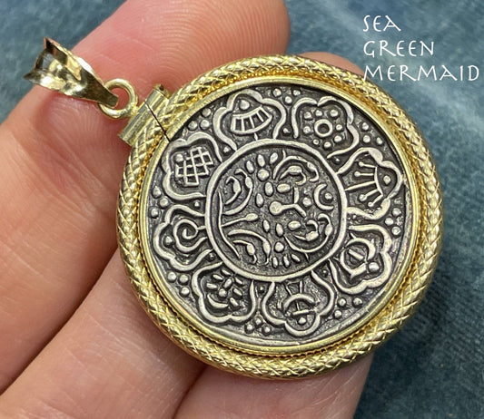 18k Yellow Gold Snake Bezel & Tibet Tanka Pendant. LOTUS Mandala.