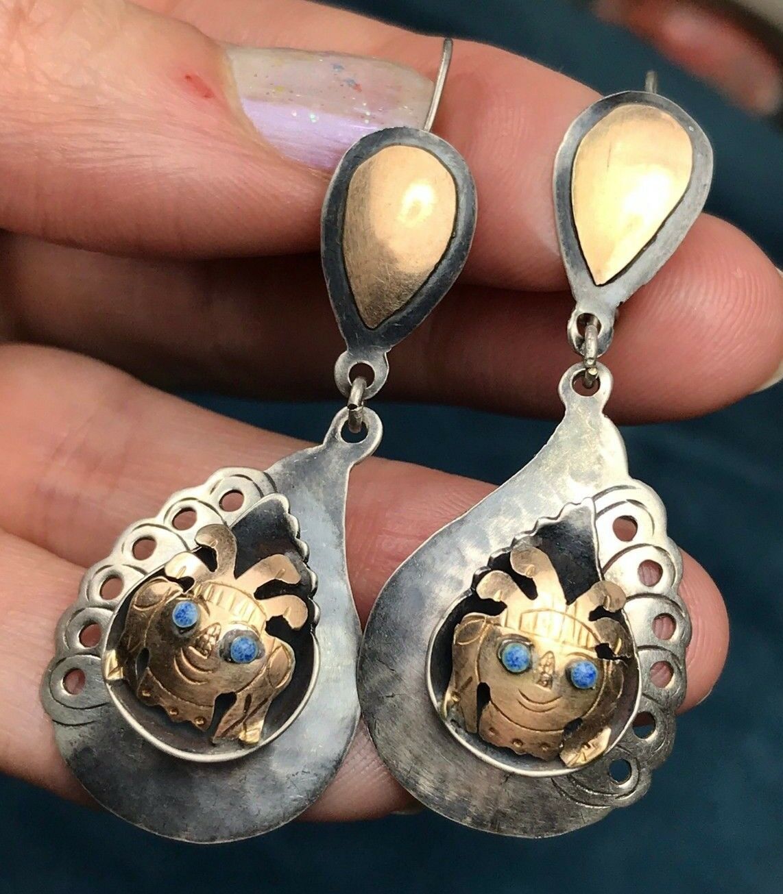 18k Yellow Gold + Sterling Mayan Peru Earrings & Pendant. Turquoise.