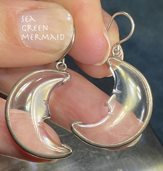 60's Crescent Man in the Moon Carved Lucite Dangle Earrings. 925