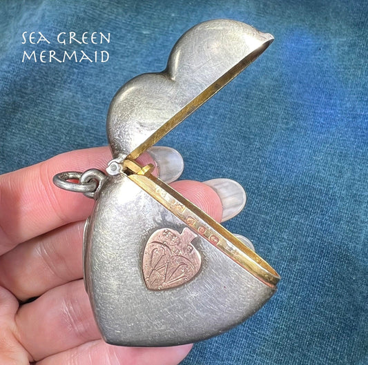 9k- 10k Gold + Sterling Heart Locket Pillbox Pendant. For Mementos!