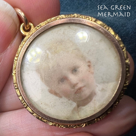 9k-10K Gold Victorian Blond Baby Hand-Tinted Portrait Pendant