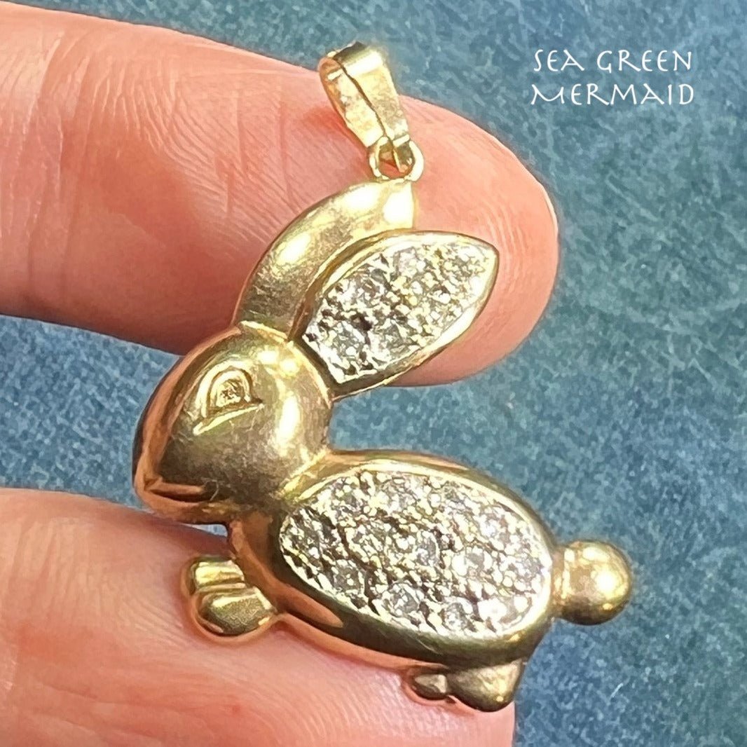 9k Yellow Gold Hoppy Bunny Rabbit Pendant w Pave Diamond Belly. 1"