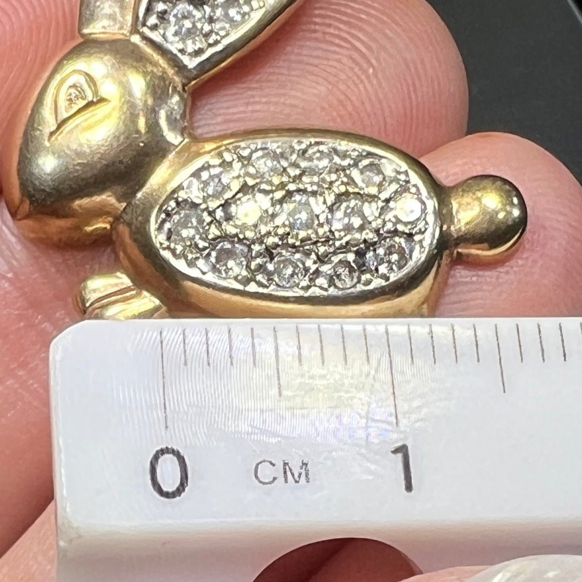 9k Yellow Gold Hoppy Bunny Rabbit Pendant w Pave Diamond Belly. 1"