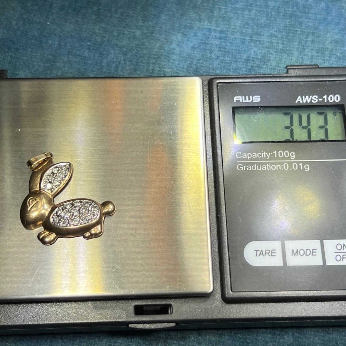 9k Yellow Gold Hoppy Bunny Rabbit Pendant w Pave Diamond Belly. 1"