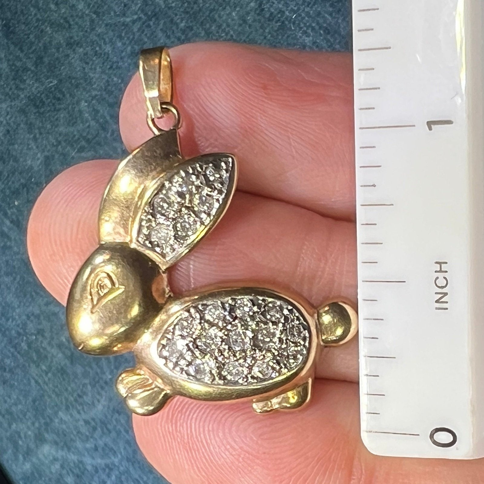 9k Yellow Gold Hoppy Bunny Rabbit Pendant w Pave Diamond Belly. 1"