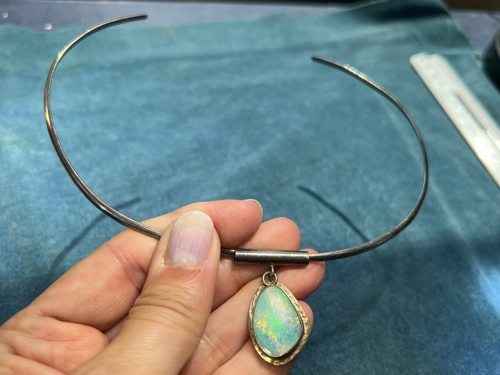 Australian Black Opal Triplet Pendant w Sterling Collar Necklace Vid Sea Green Mermaid