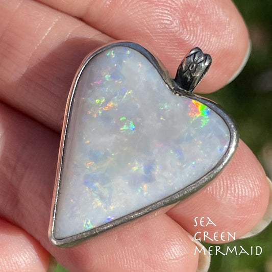 Australian Opal 20 Ct. Heart Pendant in 925. 1" RAINBOWS *VIDEO*