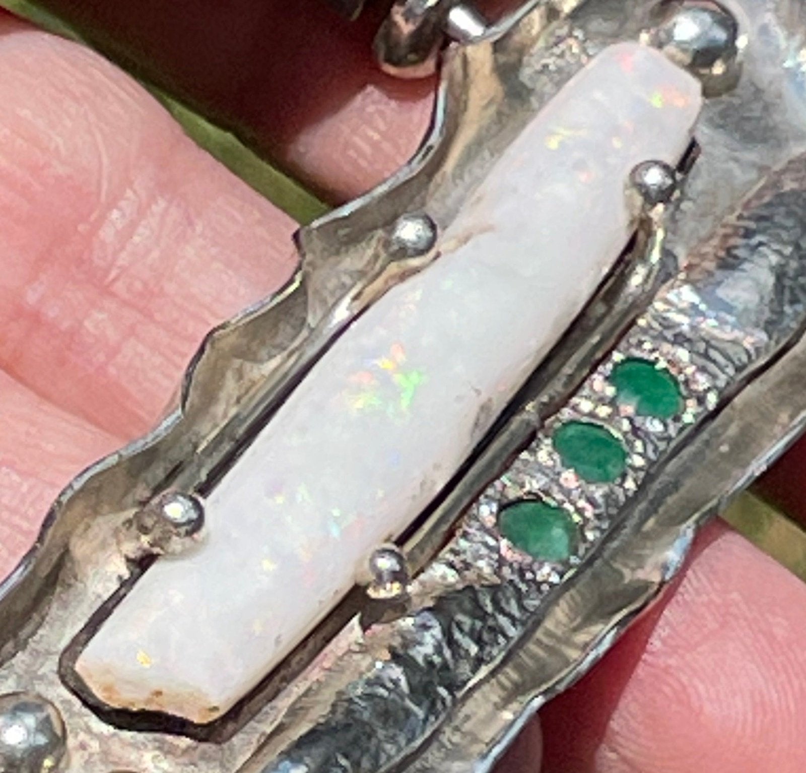 Australian Opal Collar Necklace w Emeralds in Silver. Artisan *Video*