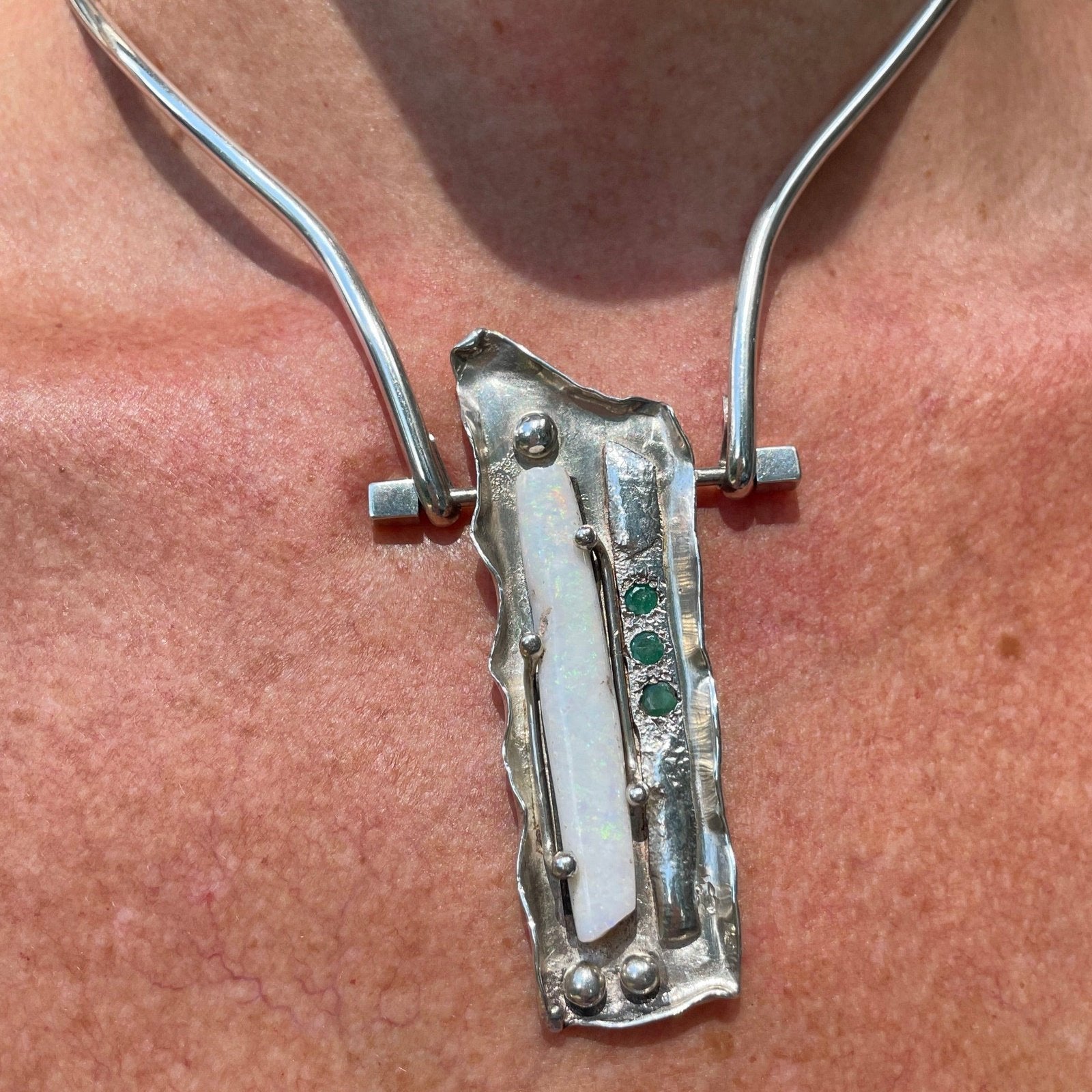 Australian Opal Collar Necklace w Emeralds in Silver. Artisan *Video*