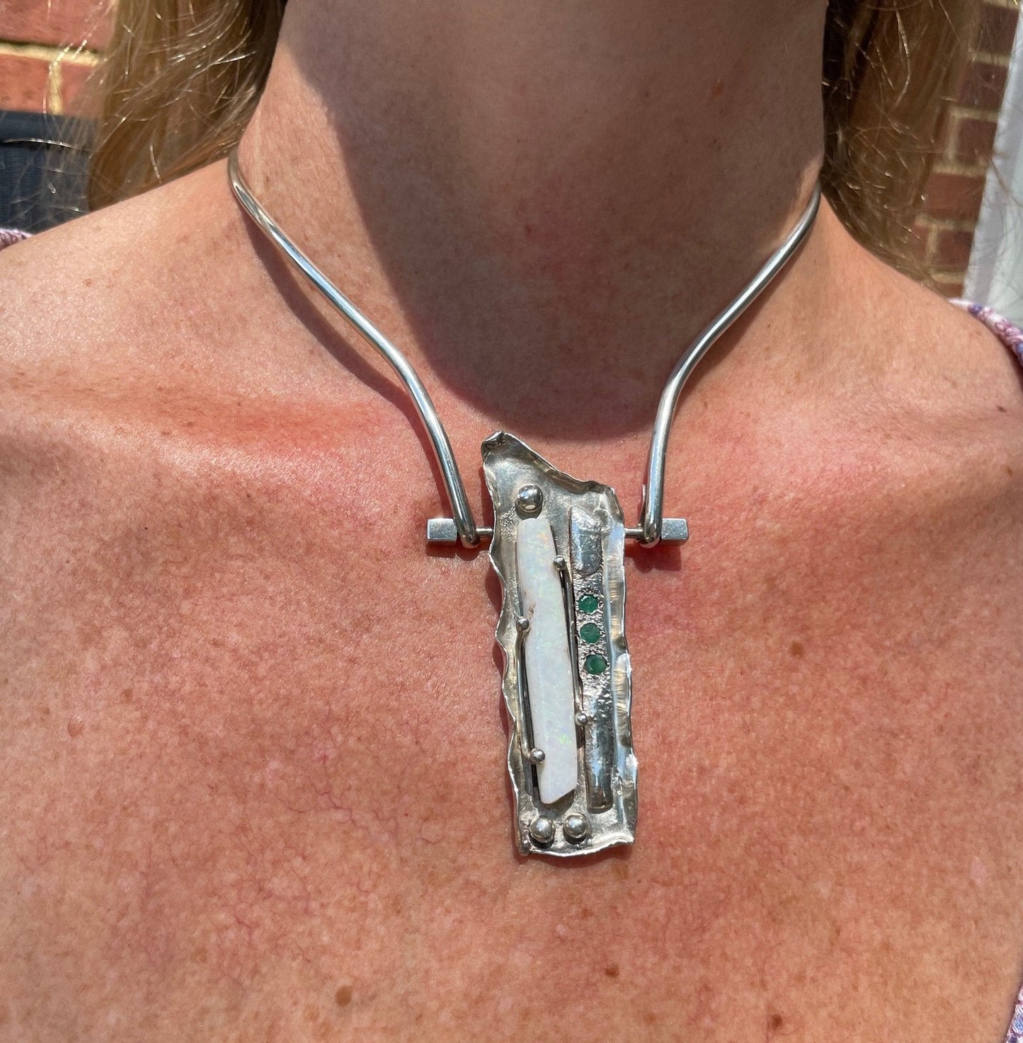 Australian Opal Collar Necklace w Emeralds in Silver. Artisan *Video*