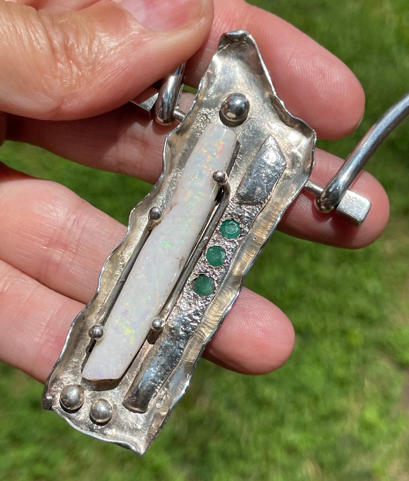 Australian Opal Collar Necklace w Emeralds in Silver. Artisan *Video*
