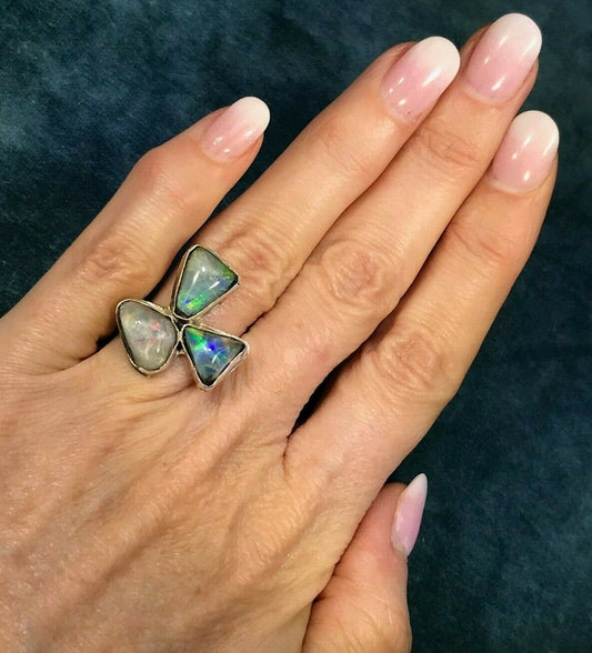 Australian 3 Jelly Opal "Flower" Ring. Large. OOAK. Blues & Greens.**VIDEO**