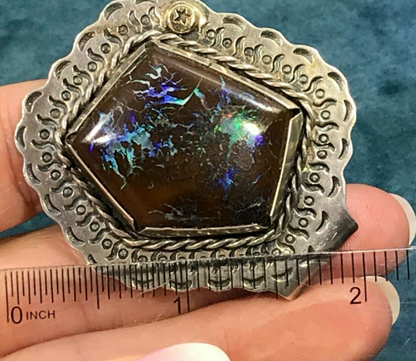 Australian Black Boulder Koroit Opal Pendant. Old Pawn 925. HUGE 2" 28g **VIDEO*