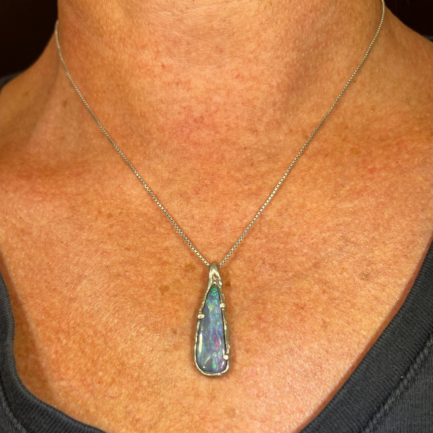 Australian Black Boulder Opal Teardrop Pendant. 925 Chain **Video**