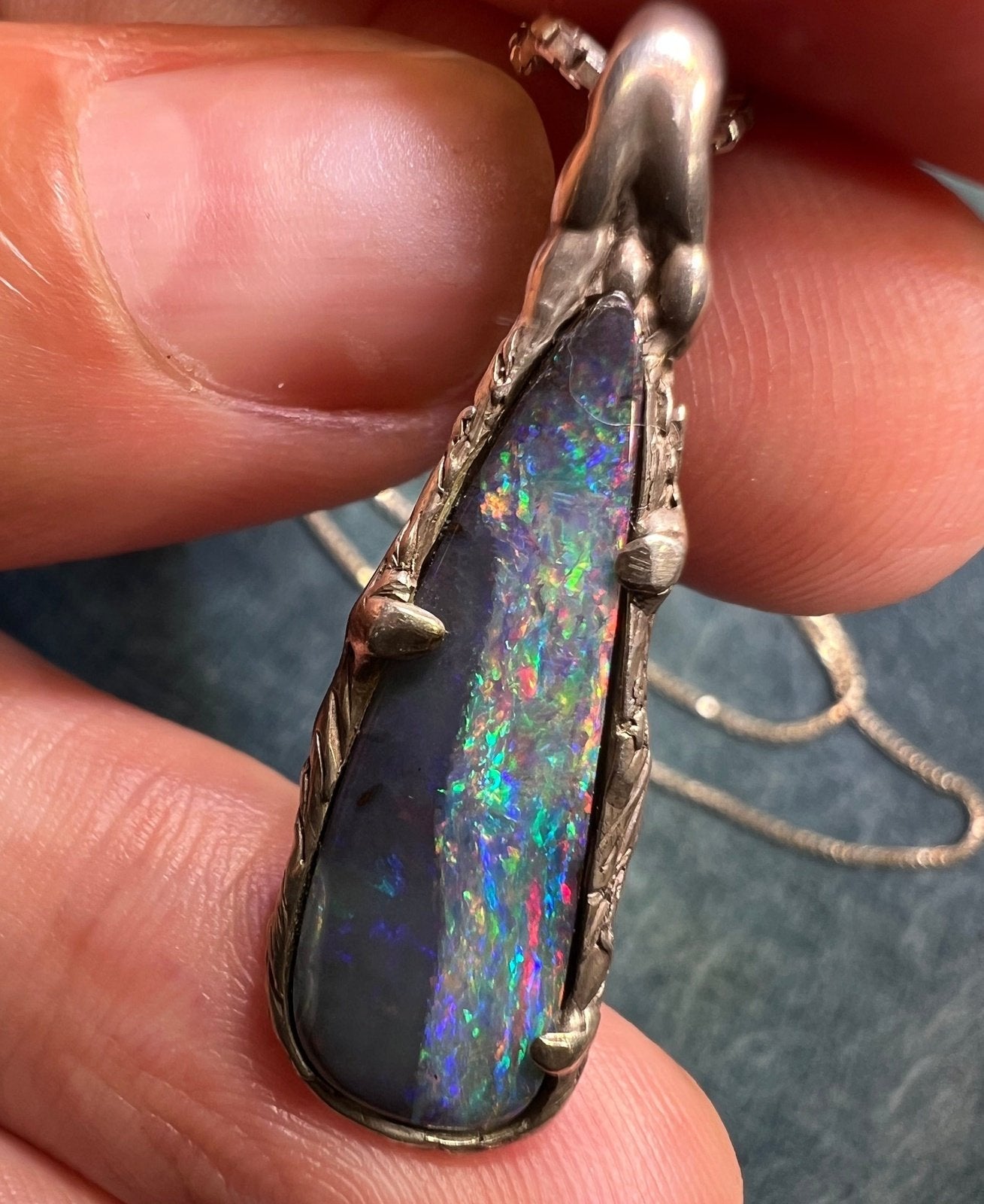 Australian Black Boulder Opal Teardrop Pendant. 925 Chain **Video**