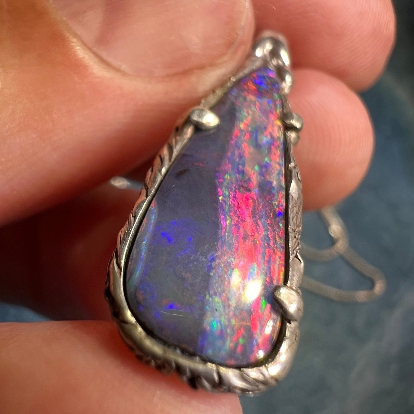 Australian Black Boulder Opal Teardrop Pendant. 925 Chain **Video**