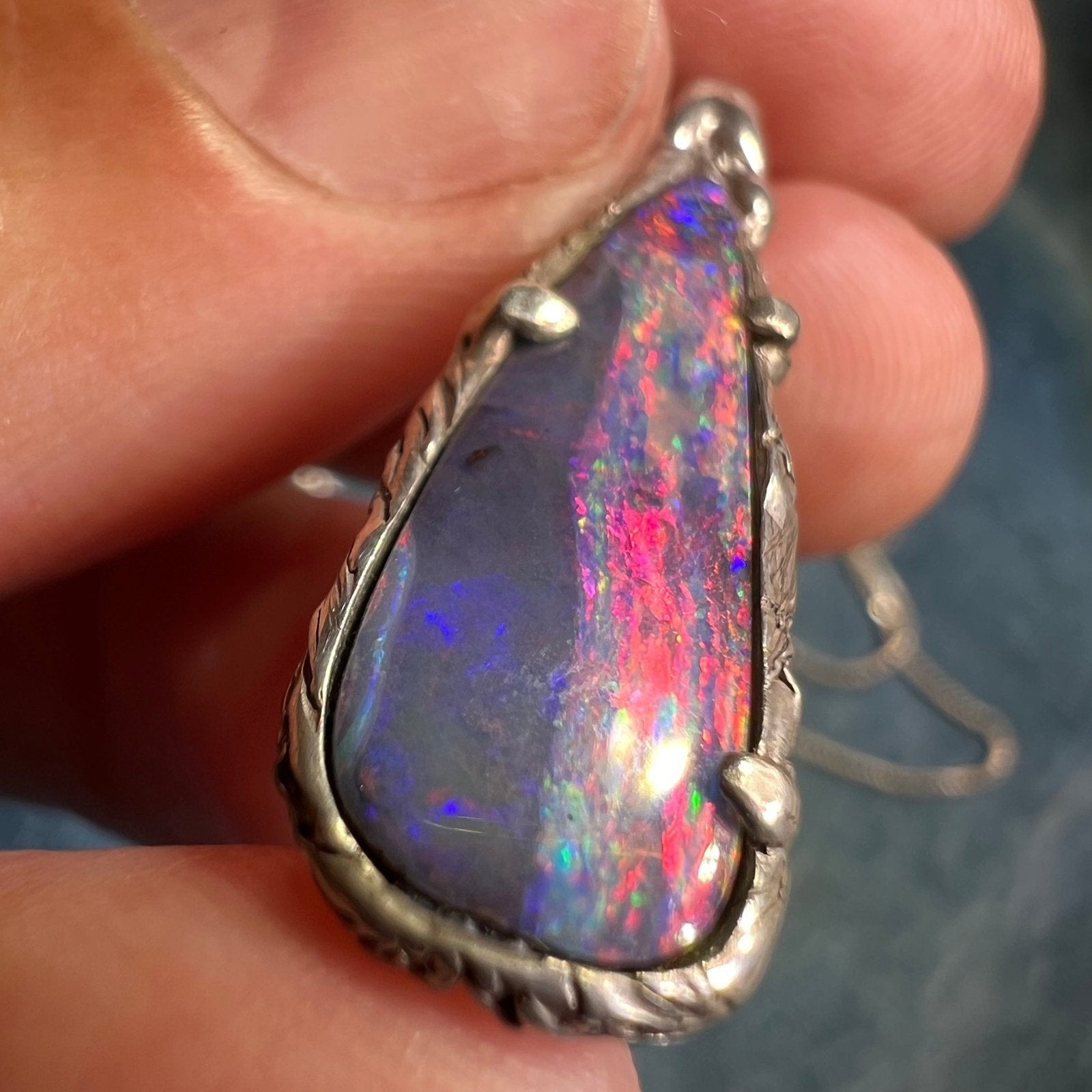 Australian Black Boulder Opal Teardrop Pendant. 925 Chain **Video**