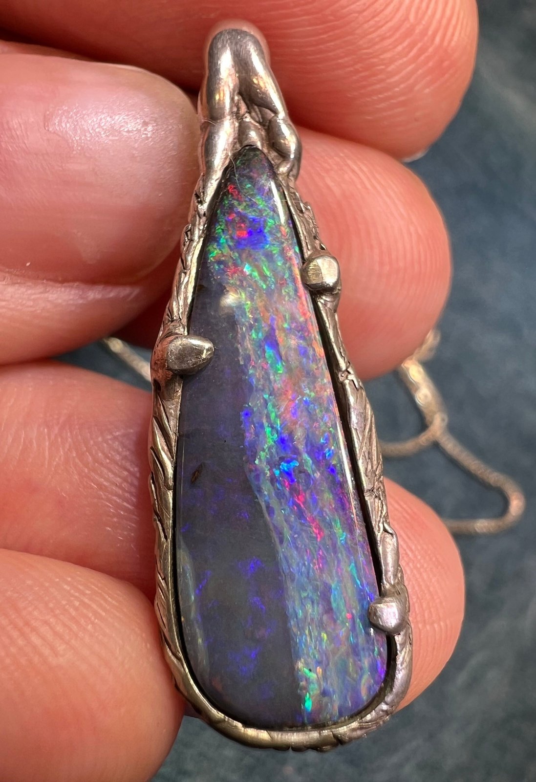 Australian Black Boulder Opal Teardrop Pendant. 925 Chain **Video**