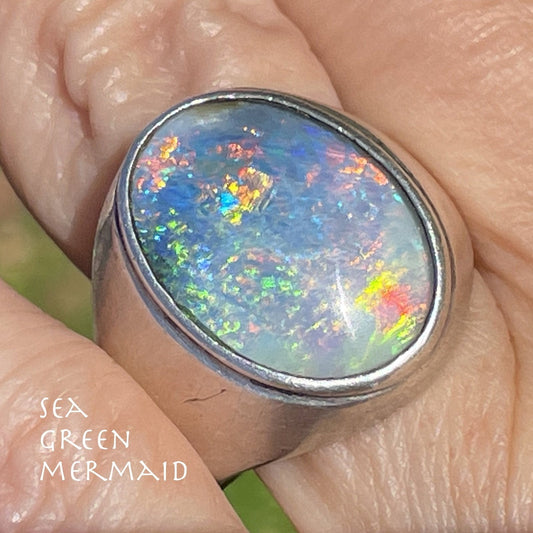 Australian Black Opal Doublet 925 Signet Ring. 3/4" **VIDEO**