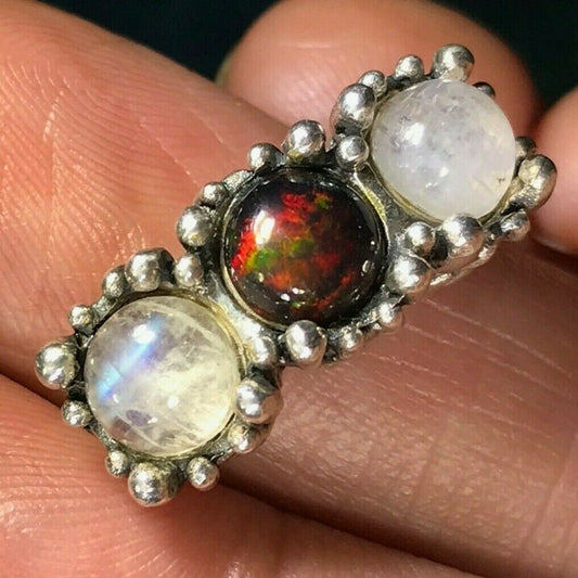 Australian Black Opal & Rainbow Moonstone Ring in 925. **VIDEO**-K7L7J