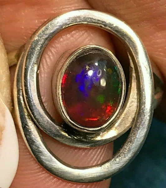 Australian Black Opal Ring in Sterling. Bezel Set. 3/4" Wide. **VIDEO**-K8L8J