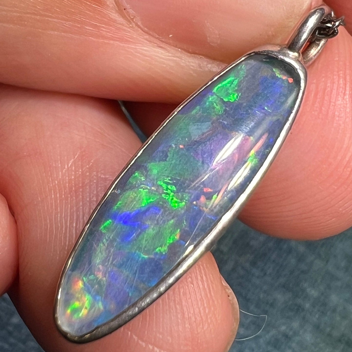 Australian Black Opal Triplet Long Oval Pendant in 925 w Chain **Video**