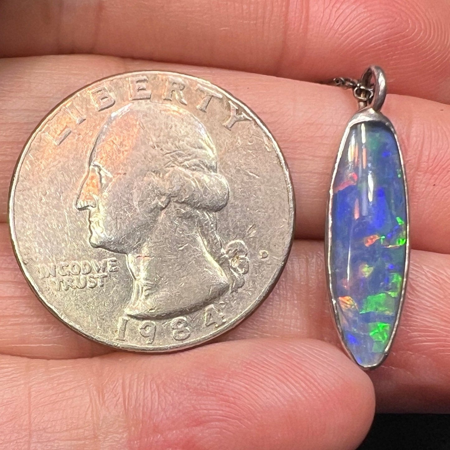 Australian Black Opal Triplet Long Oval Pendant in 925 w Chain **Video**