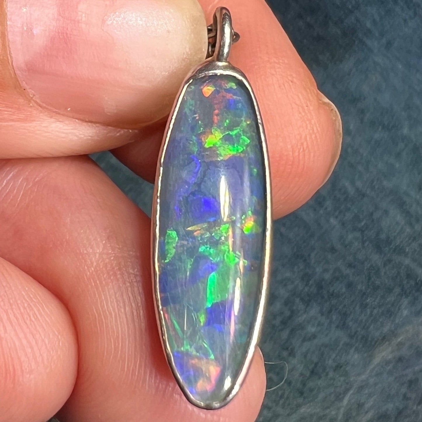 Australian Black Opal Triplet Long Oval Pendant in 925 w Chain **Video**