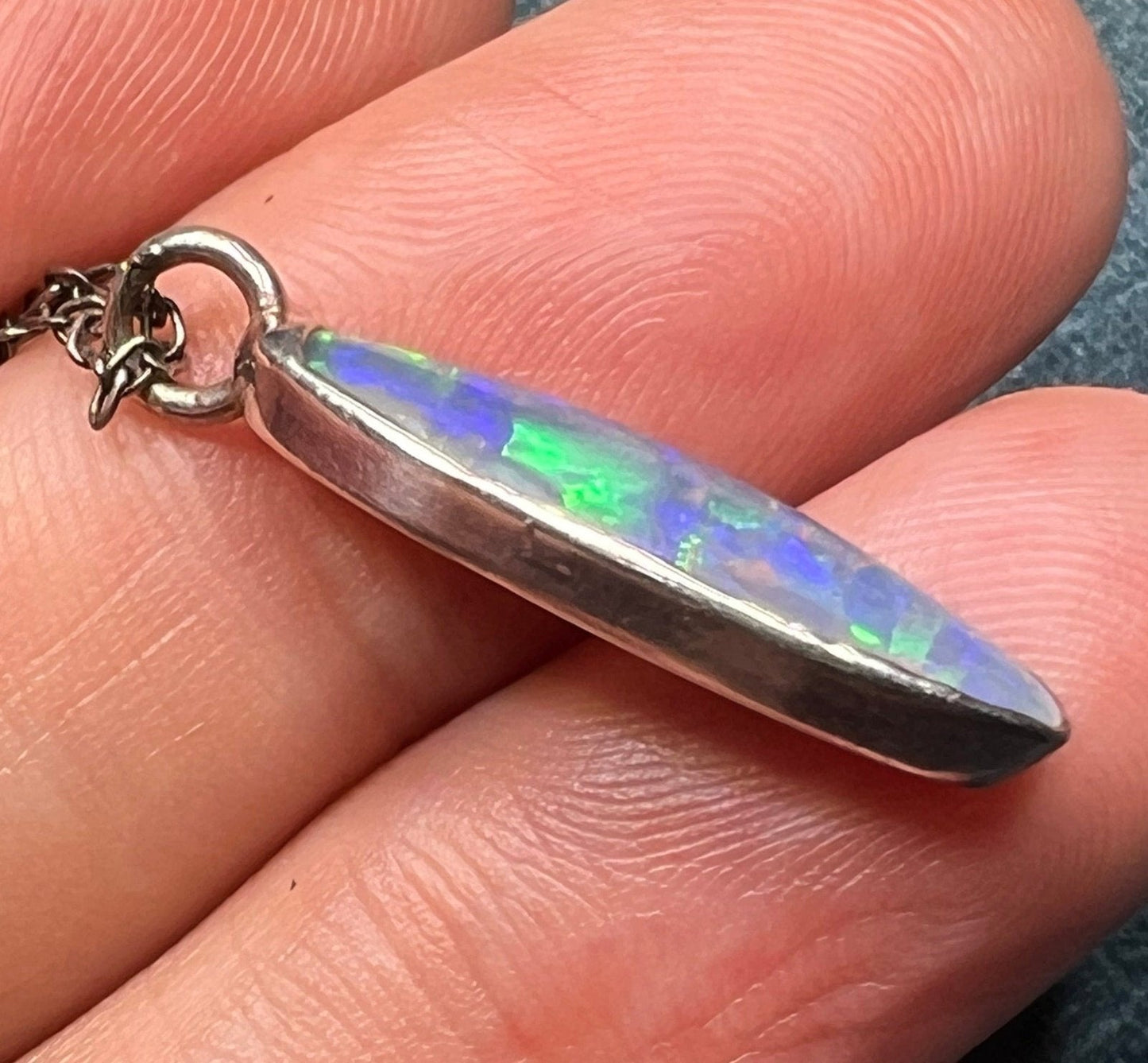 Australian Black Opal Triplet Long Oval Pendant in 925 w Chain **Video**
