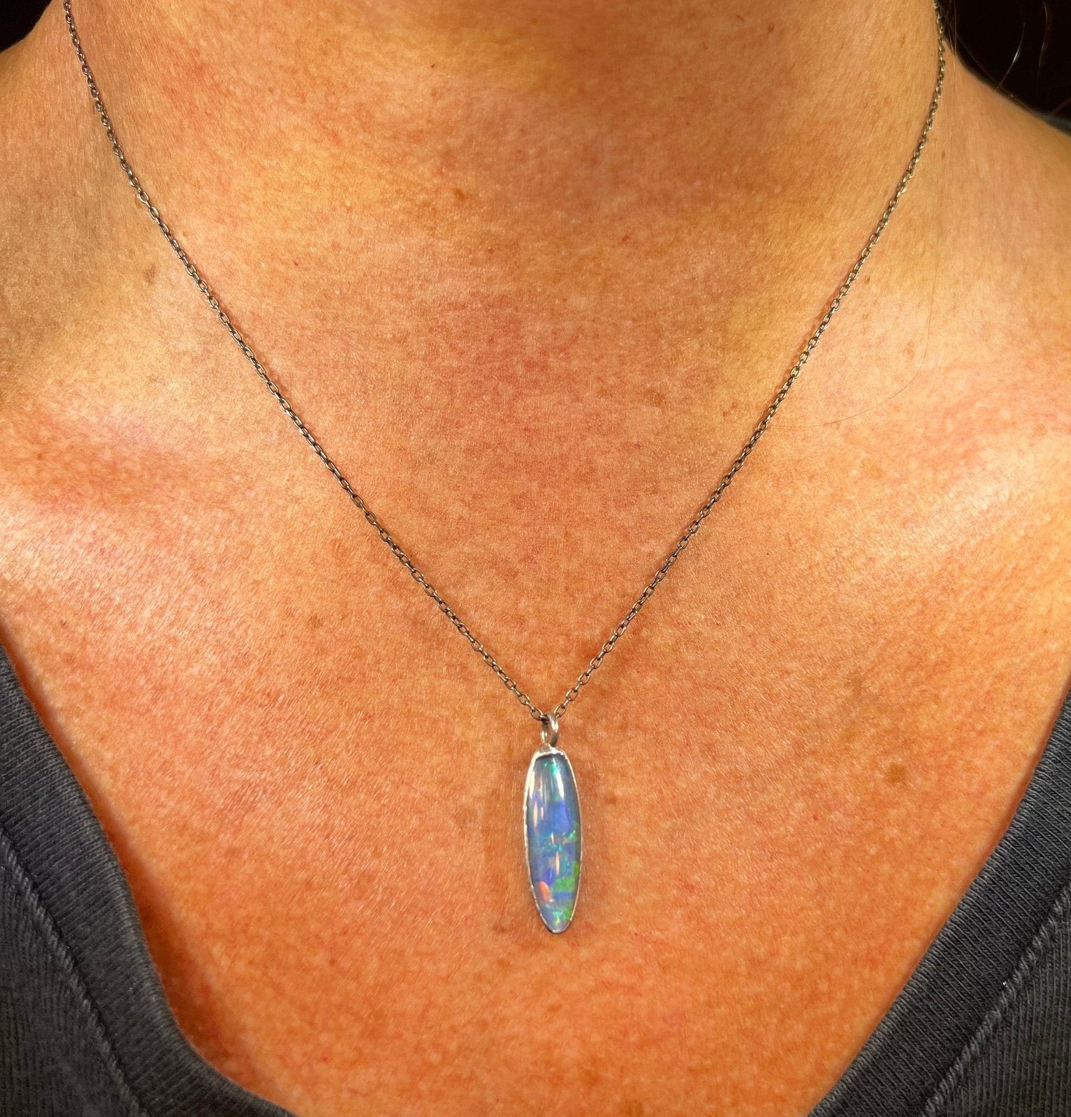 Australian Black Opal Triplet Long Oval Pendant in 925 w Chain **Video**