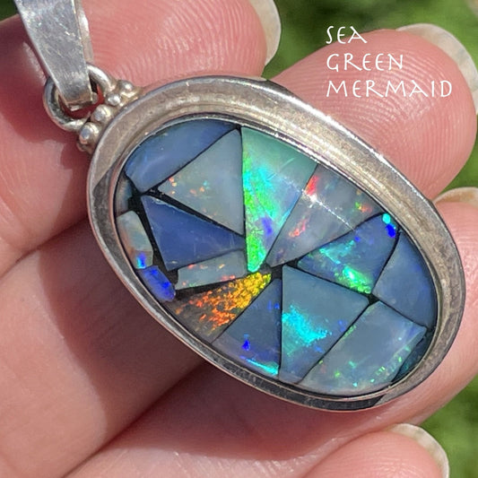 Australian Black Opal Triplet Mosaic Pendant in 925. LARGE *VIDEO*