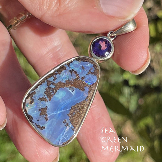 Australian Boulder Opal & Amethyst Cabochon Pendant. Large 2"
