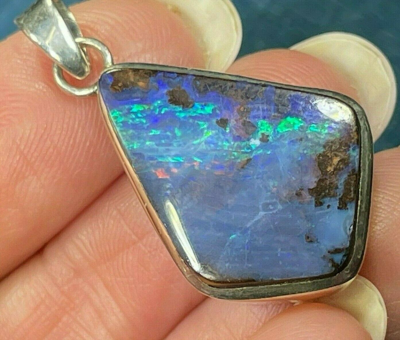 Australian Boulder Opal Pendant in Sterling Silver. Periwinkle **VIDEO**