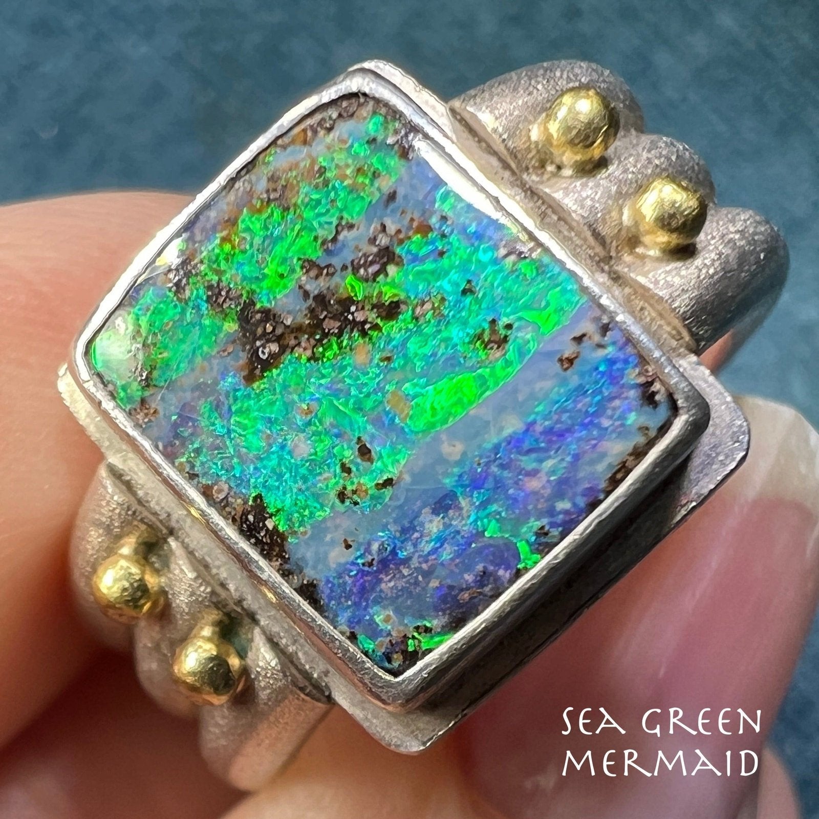 Australian Boulder Opal Ring in 925 w 14k Beads **Video**