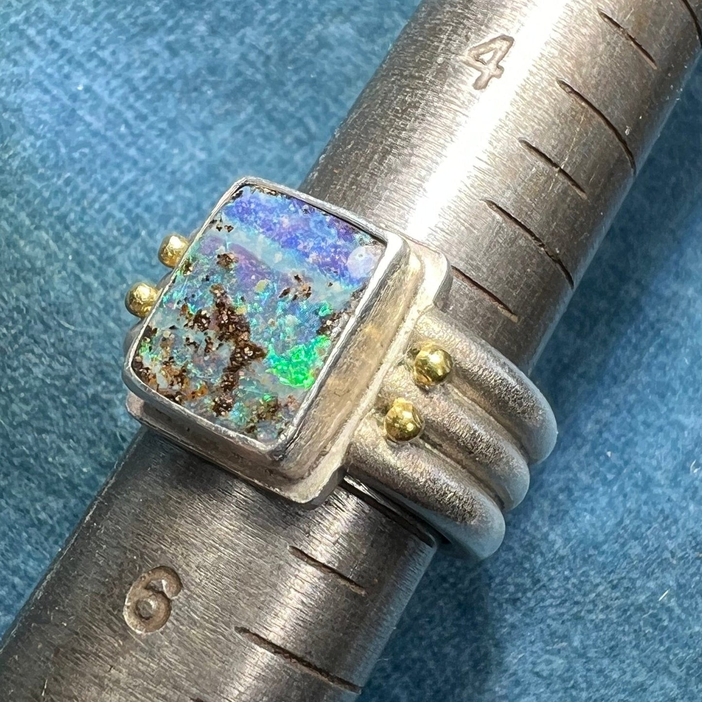 Australian Boulder Opal Ring in 925 w 14k Beads **Video**