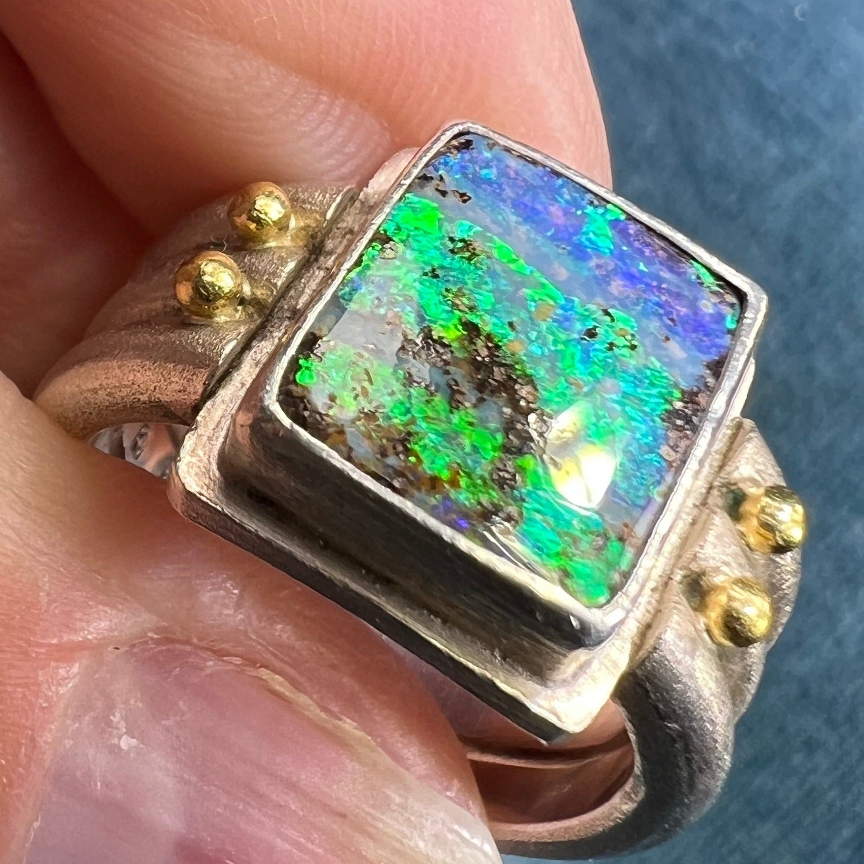 Australian Boulder Opal Ring in 925 w 14k Beads **Video**
