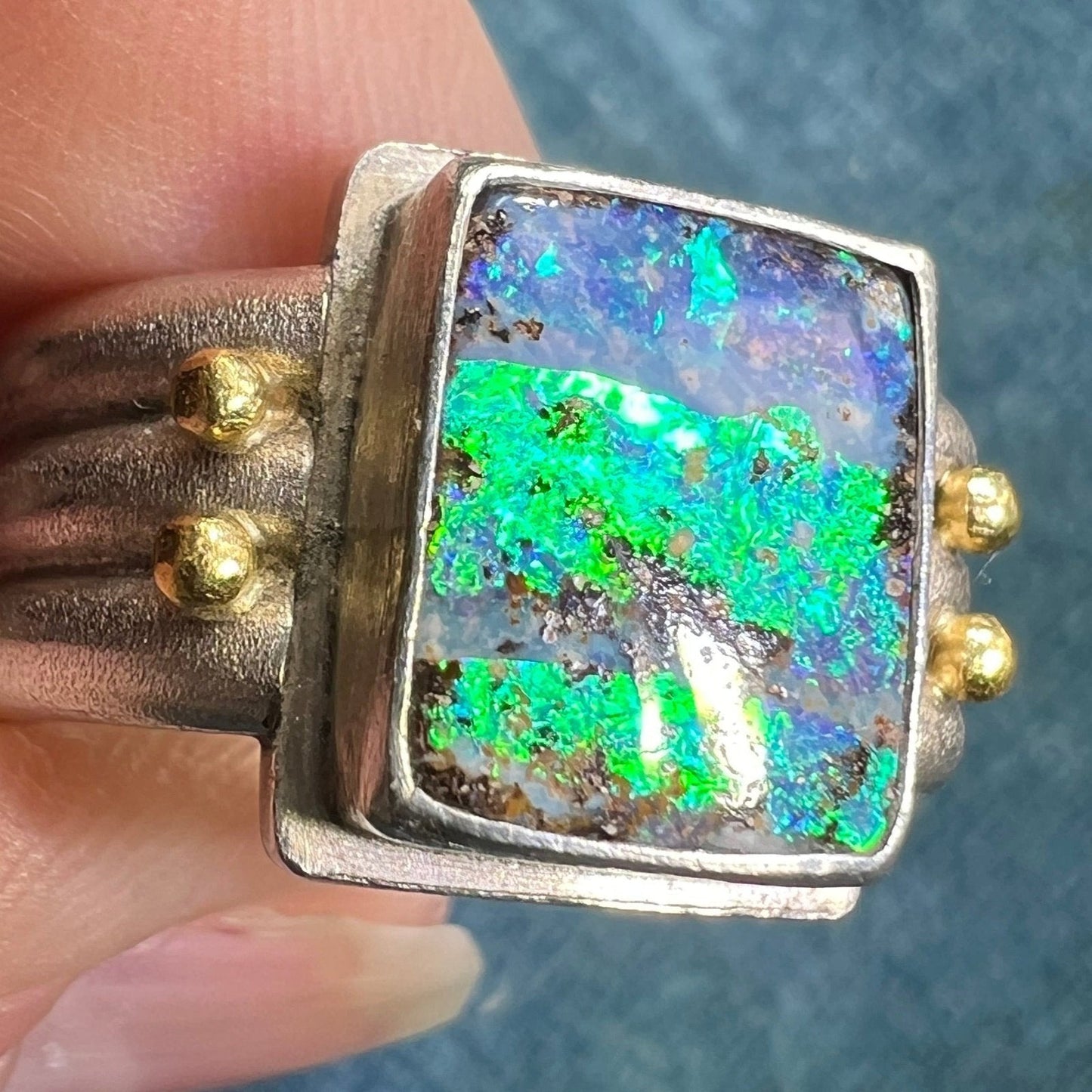 Australian Boulder Opal Ring in 925 w 14k Beads **Video**